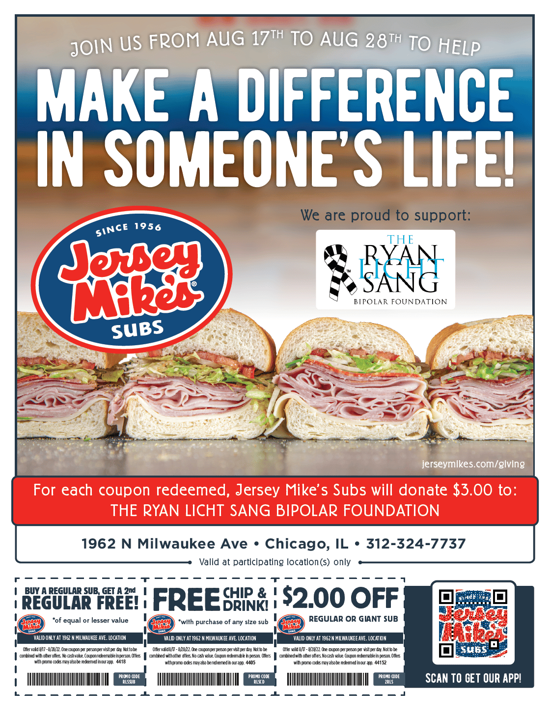 Jersey Mike’s Charity Flyer Aug 2022 The Ryan Licht Sang Bipolar